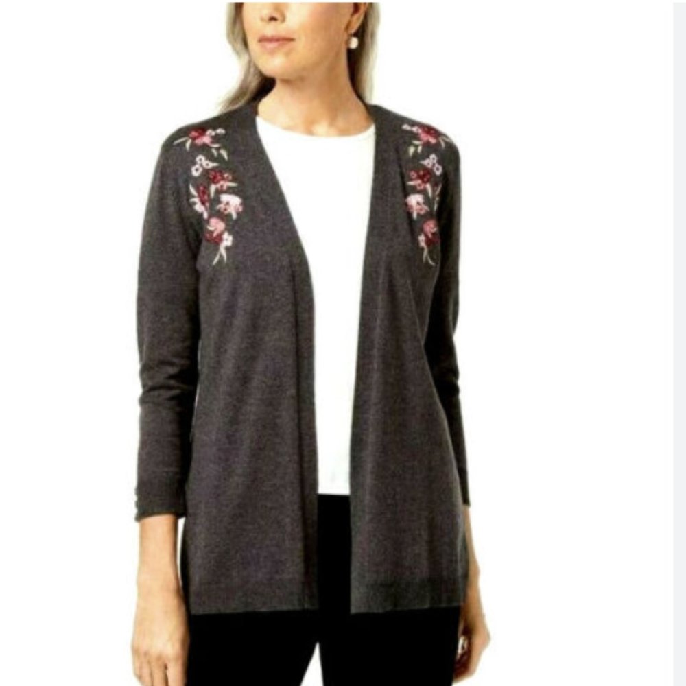 Karen Scott Gray Embroidered Open Front Cardigan Sweater M